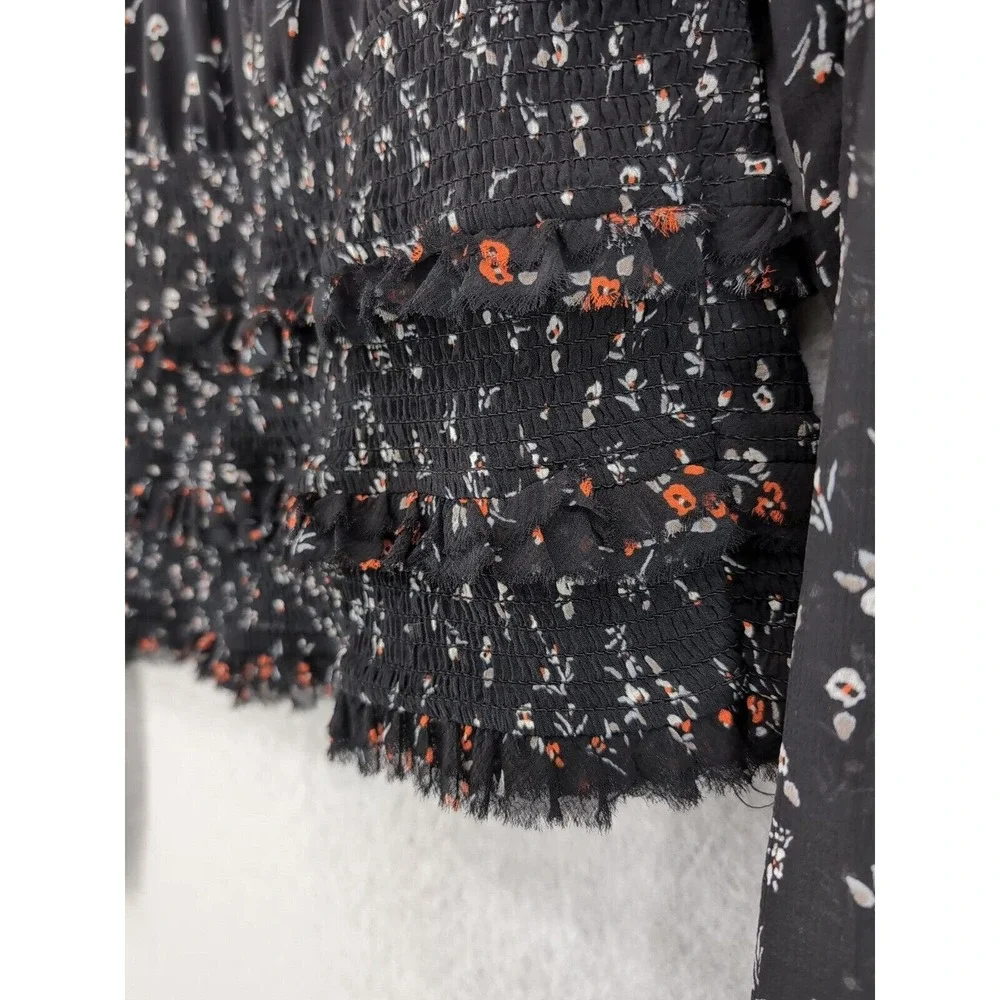 Free People Women's Black Floral Smocked Printed Lolita‎ Blouse Top Size S